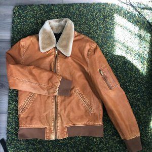 Zara Men XL Brown Faux Leather Bomber Jacket